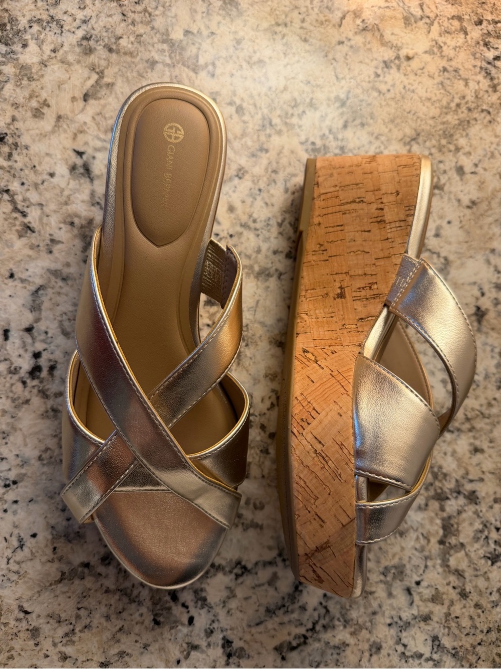 Metallic Gold Cork Wedge Slide Sandals - Cross Strap Comfort